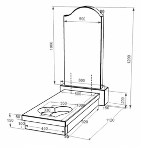 Розміри Гранітний пам'ятник з хвилею та серцем різьблений одинарний із чорного граніту Коростишів к11-kor-npf-100-50-08-011-r фото № 1