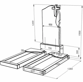 Розміри Надгробок із граніту із неполірованими фасками подвійний із чорного граніту Коростишів з хвилею різьблений к16-kor-npf-120-60-08-142-r фото № 1