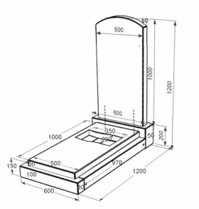 Розміри Одинарний пам'ятник із граніту 1200x600x1200 з вирізаним прапором із чорного граніту Коростишівського кар'єру серія Дуга 009 к6-kor-npf-100-50-08-009 фото № 1