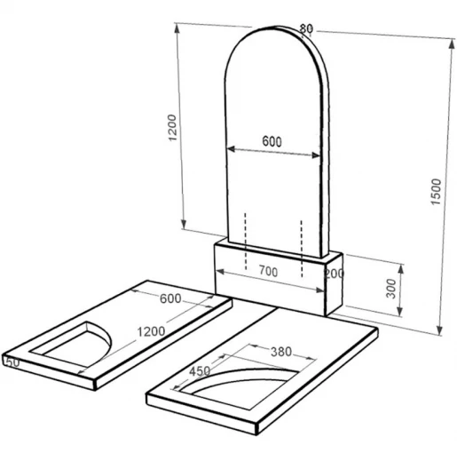 Розміри Надгробок із граніту з вирізаним куточком подвійний із чорного граніту Коростишів к18-kor-pf-120-60-08-006