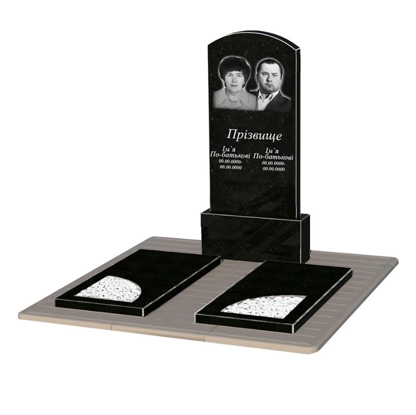 Основне Надгробний пам'ятник із граніту високий подвійний з вирізаним куточком із чорного граніту Коростишів Дуга 009 к18-kor-npf-120-60-08-009-pbd3