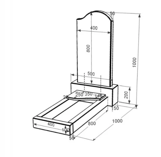 Размеры Памятник из гранита с полированными фасками одинарный из черного гранита Коростышев с волной резной к4-kor-pf-80-40-05-011-r