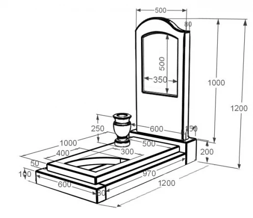 Розміри Пам'ятник із мармуру для православних одинарний з білого мармуру Волокас з вирізаним куточком к24-vol-pf-100-50-08-011-l