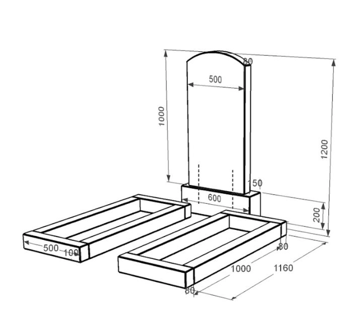 Розміри Гранітний пам'ятник з квітником без плити подвійний із чорного граніту Коростишів з дугою різьблений к14-kor-npf-100-50-08-009