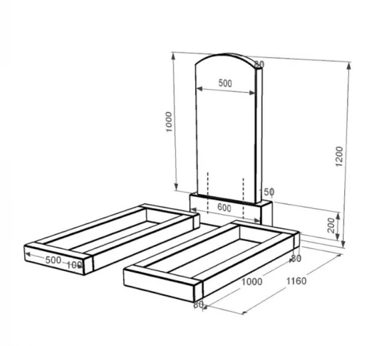 Размеры Гранитный памятник с цветником без плиты двойной из черного гранита Коростышев с дугой резной к14-kor-npf-100-50-08-009
