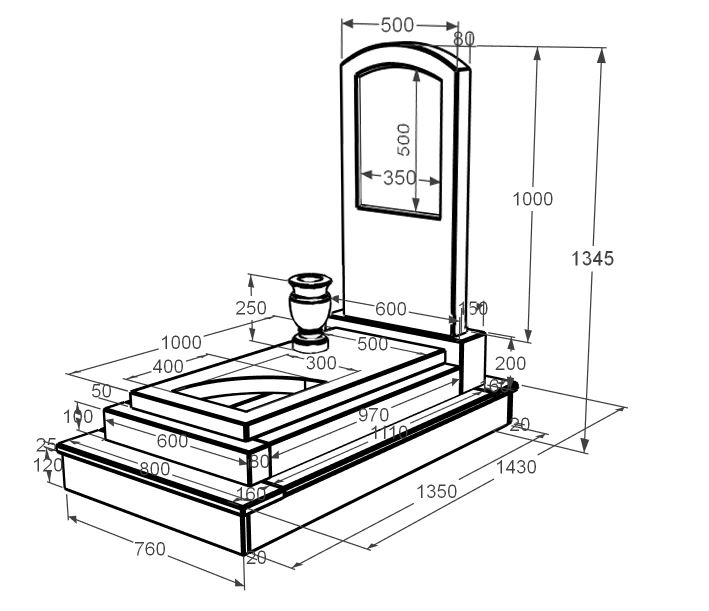 Розміри Мармуровий пам'ятник з гробницею одинарний з білого мармуру Волокас з вирізаним куточком к24-vol-pf-100-50-08-009-ck