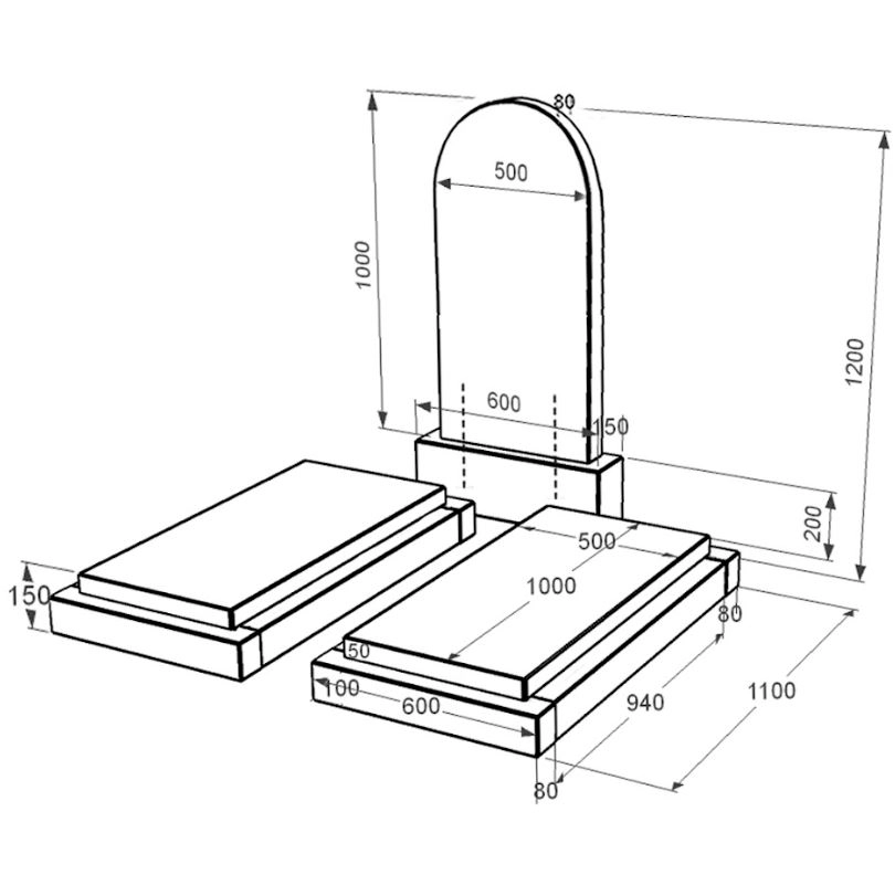 Розміри Гранітний пам'ятник габро подвійний із чорного граніту Коростишів з полукруглою стелою к21-kor-pf-100-50-08-006