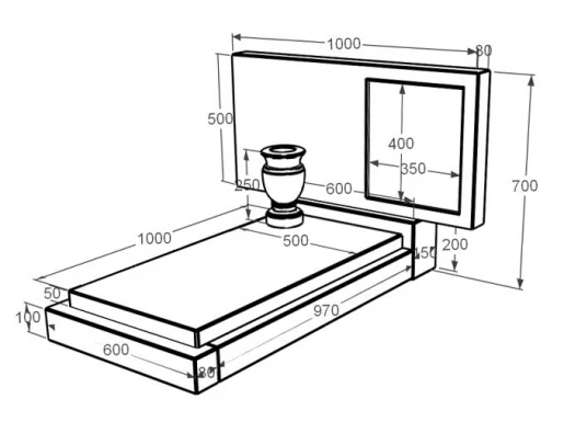 Размеры Мраморный памятник стела 50х100 см одинарный из мрамора Дайна без резных работ к12-dan-pf-50-100-05-001