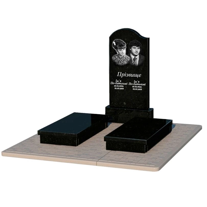 Основне Гранітний пам'ятник чорного кольору подвійний із чорного граніту Коростишів з хвилею різьблений к19-kor-pf-100-50-08-011-l-pbd2