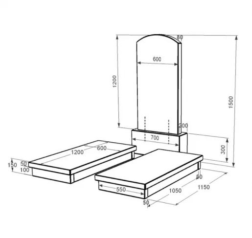 Размеры Гранитный памятник с гробницей двойной из черного гранита Коростышев с дугой резной к19-kor-pf-120-60-08-009