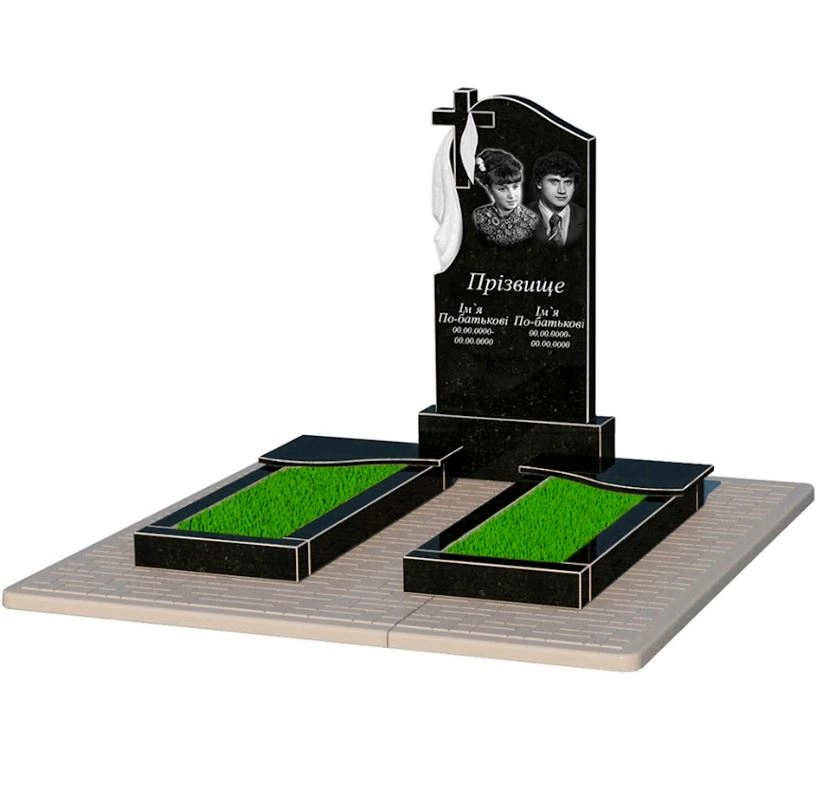 Основне Пам'ятник із граніту для подружжя подвійний із чорного граніту Коростишів з хвилею різьблений к15-kor-npf-100-50-08-142-pbd2