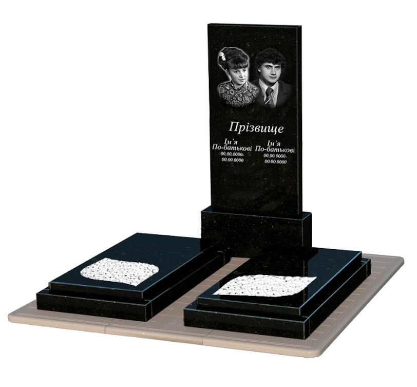 Основне Гранітний пам'ятник вертикальний подвійний із чорного граніту Коростишів з листом різьблена робота к22-kor-pf-120-60-08-001-pbd3