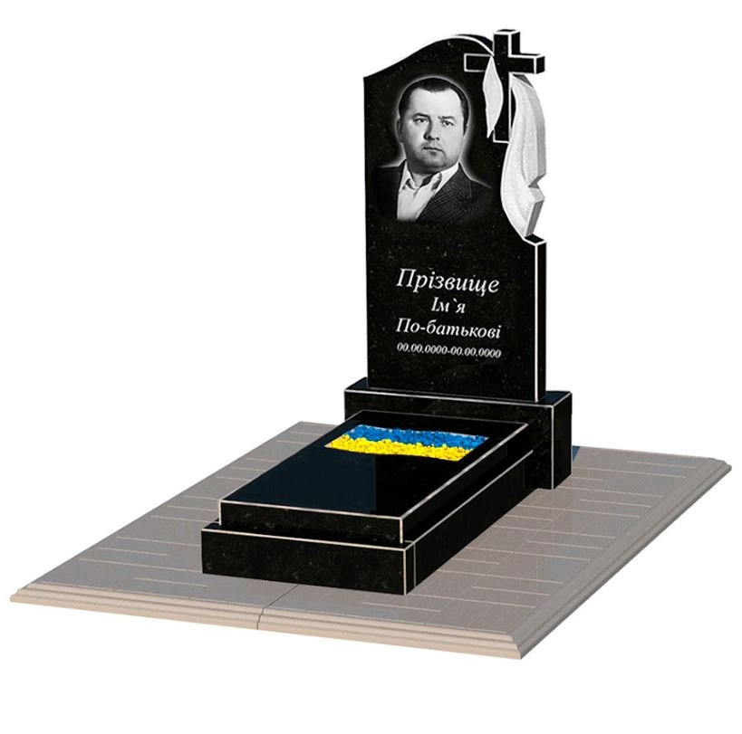 Основное Памятник из гранита с вырезанным флагом одинарный из черного гранита Коростышев к6-kor-npf-80-40-08-142-r-pbd1