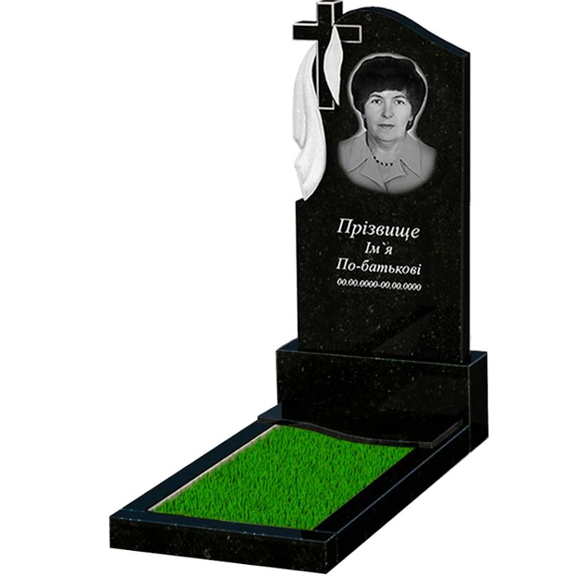 Основне Гранітний пам'ятник з полірованими фасками одинарний із чорного граніту Коростишів з хвилею різьблений к5-kor-pf-120-60-08-142