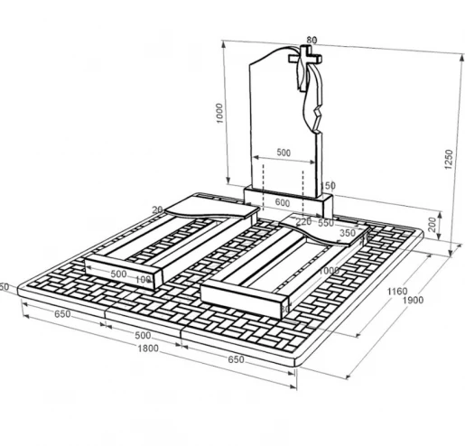 Размеры Гранитный памятник с противоусадочной плитой двойной из черного гранита Коростышев с волной резной к15-kor-pf-100-50-08-142-r-pbd2