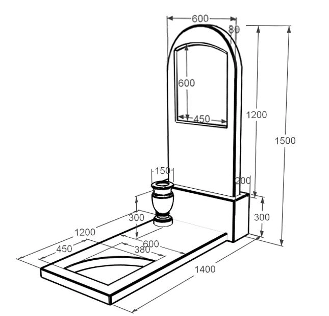 Розміри Мармуровий пам'ятник великого розміру одинарний з білого мармуру Волокас з вирізаним куточком з полукруглою стелою к9-vol-pf-120-60-08-006