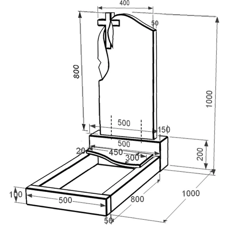 Размеры Памятник из гранита стела 80x40 см одинарный из черного гранита Коростышев с волной резной к5-kor-pf-80-40-05-142-l