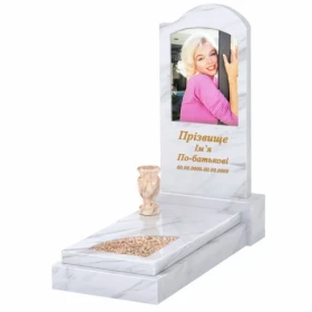 Мармуровий пам'ятник доньці одинарний з білого мармуру Волокас з хвилею різьблений з вирізаним куточком к24-vol-pf-80-40-05-011-r