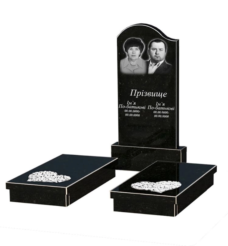 Основне Подвійний гранітний пам'ятник із чорного граніту Коростишів з серцем різьблена робота к20-kor-npf-100-50-08-011