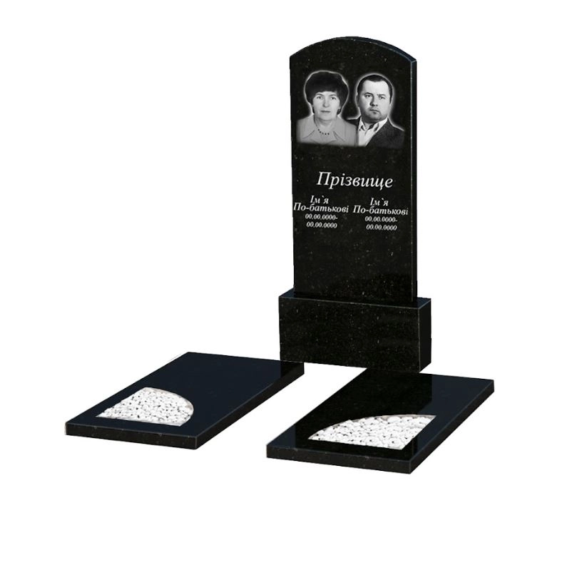 Основне Гранітний пам'ятник з двома надгробками подвійний із чорного граніту Коростишів з вирізаним куточком к18-kor-pf-120-60-08-009