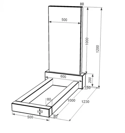 Розміри Гранітний пам'ятник на кладовище з квітником без плити одинарний із чорного граніту Коростишів без різьблених робіт к1-kor-pf-100-50-08-001