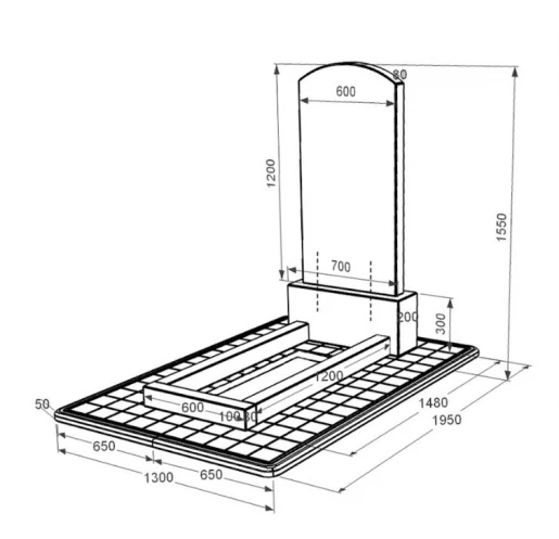 Розміри Гранітний пам'ятник довжиною 148 см одинарний з дугою різьблений із чорного граніту Коростишів Дуга 009 к1-kor-npf-120-60-08-009-pbd3