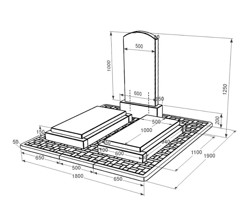 Размеры Гранитный памятник длиной 125 см двойной с дугой резной из черного гранита Коростышев Дуга 009 к21-kor-pf-100-50-08-009-pbd2