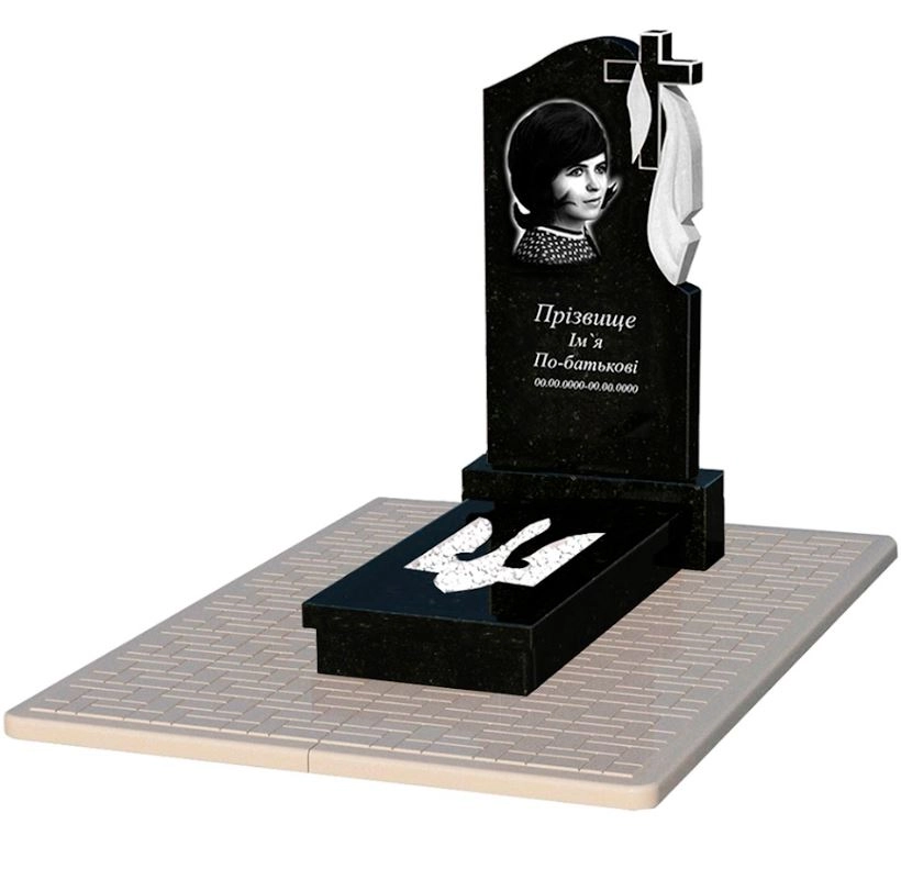 Основне Надгробок із граніту з Тризубом вирізаним одинарний із чорного граніту Коростишів к8-kor-pf-100-50-08-142-r-pbd2
