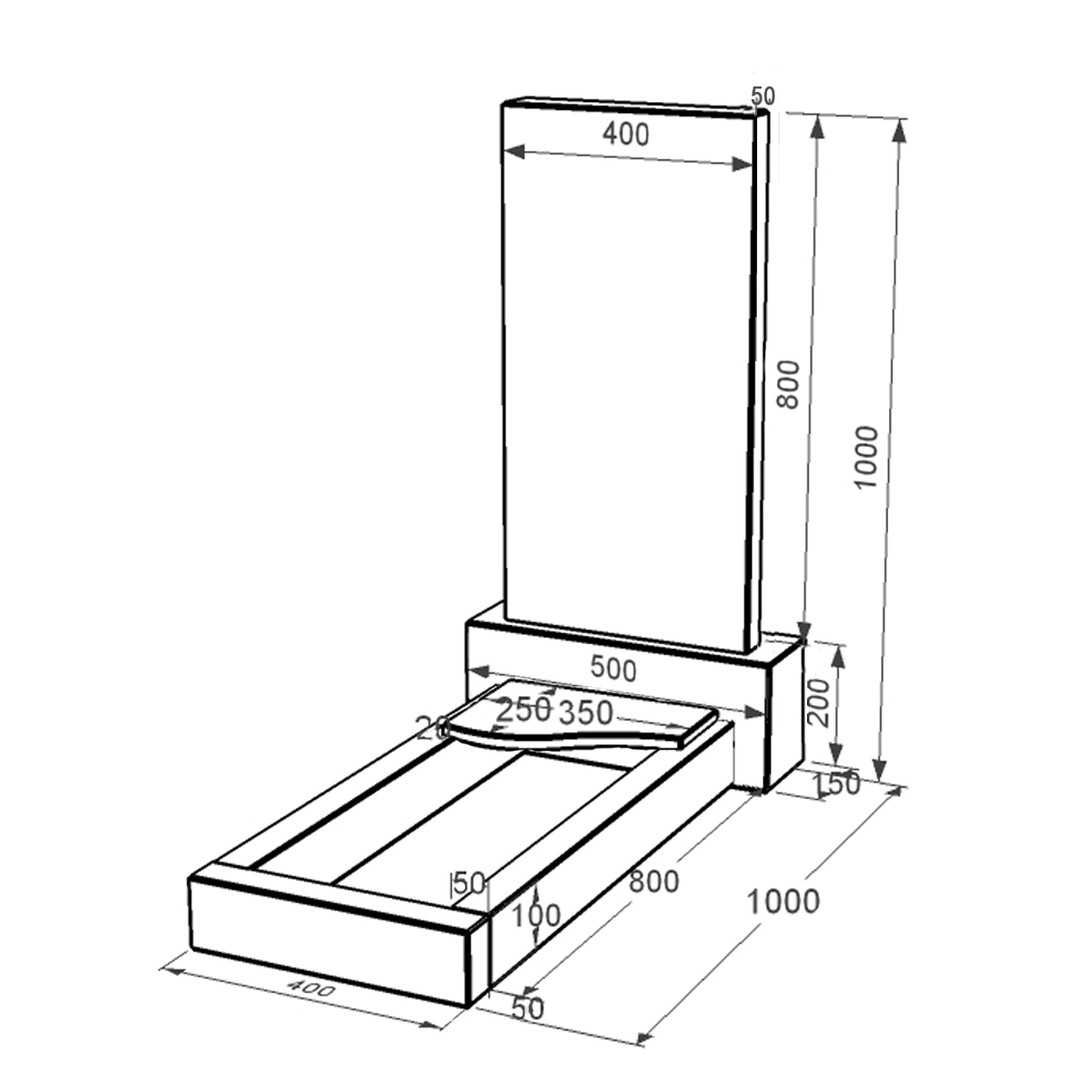 Размеры Памятник на кладбище из гранита 100 см высотой одинарный левый серия Базис 001 из черного гранита Коростышевского карьера к4-kor-npf-80-40-05-001-l