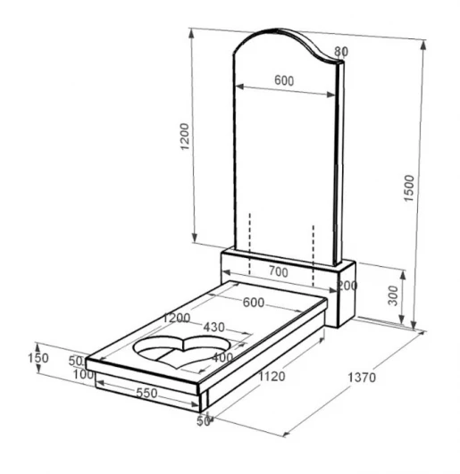 Розміри Гранітний пам'ятник для дівчини одинарний із чорного граніту Коростишів з хвилею та серцем різьблений к11-kor-npf-120-60-08-011