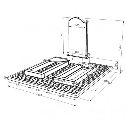 Розміри Пам'ятник на цвинтар з граніту з 2 надгробками подвійний із чорного граніту Коростишів з хвилею різьблений к16-kor-pf-100-50-08-011-l-pbd2