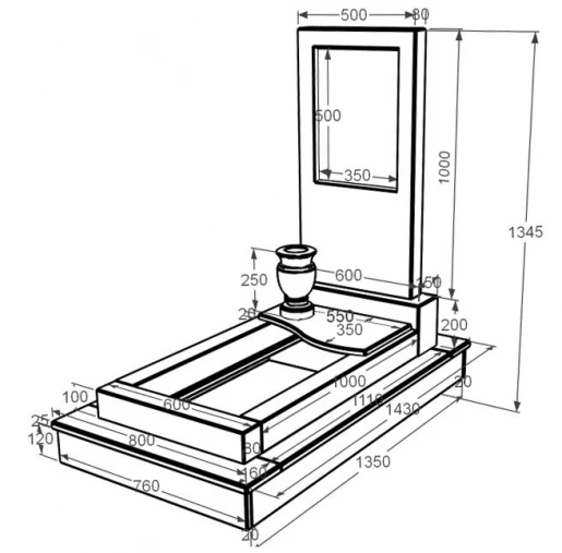 Розміри Мармуровий надгробок з квітником одинарний з білого мармуру Волокас з хвилею різьблений к5-vol-pf-100-50-08-001-ck