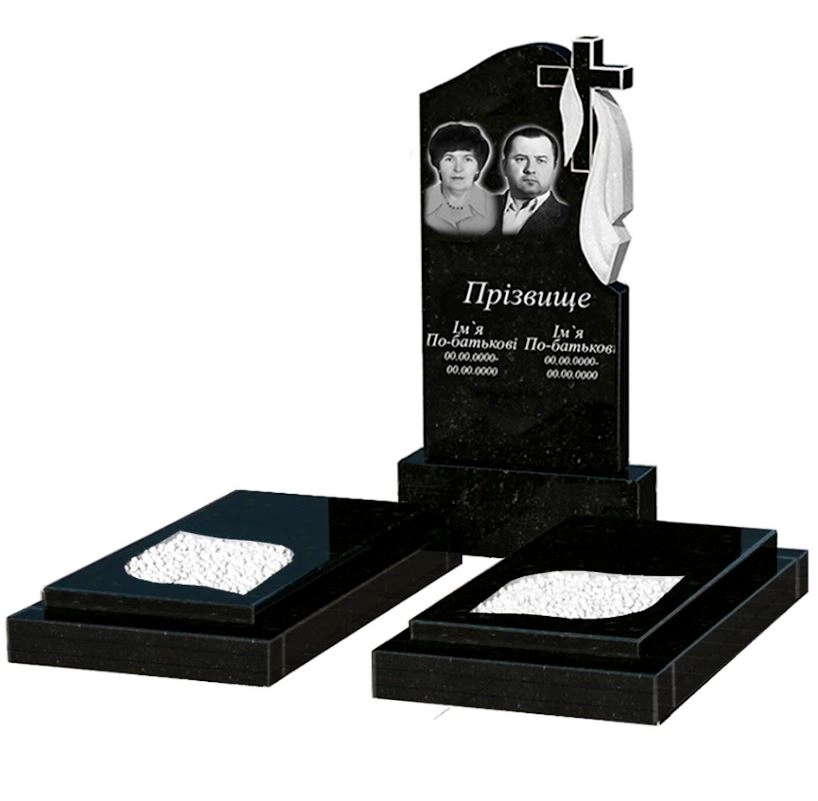 Основное Гранитный памятник среднего размера двойной из черного гранита Коростышев с листом резная работа к22-kor-pf-100-50-08-142-r