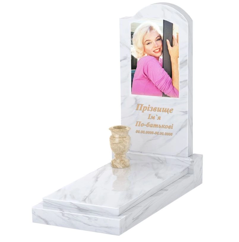 Основное Мраморный памятник стела 100х50 см одинарный из белого мрамора Волокас с волной резной к12-vol-pf-100-50-08-011-r