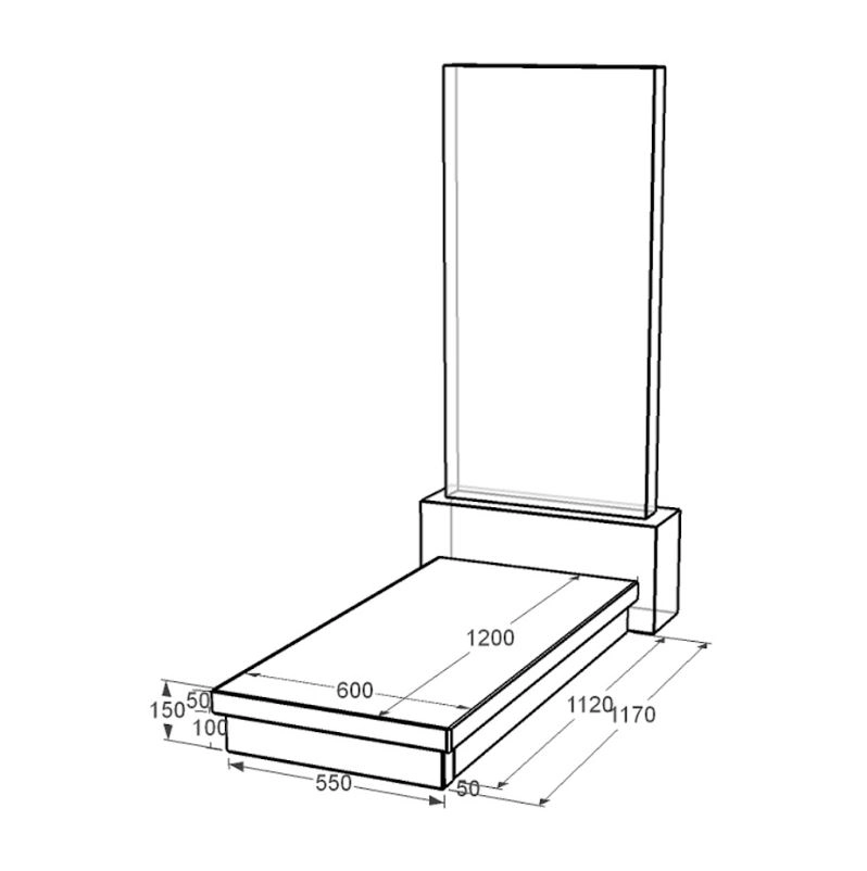 Размеры Гробничка на могилу с неполированными фасками 1200x600x150 из гранита Коростышевского карьера серия Базис gr-kor-npf-1200-600-Bazys-3-np