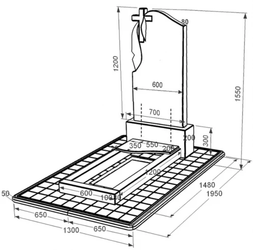 Розміри Гранітний пам'ятник із неполірованими фасками одинарний із чорного граніту Коростишів з хвилею різьблений к4-kor-npf-120-60-08-142-pbd3