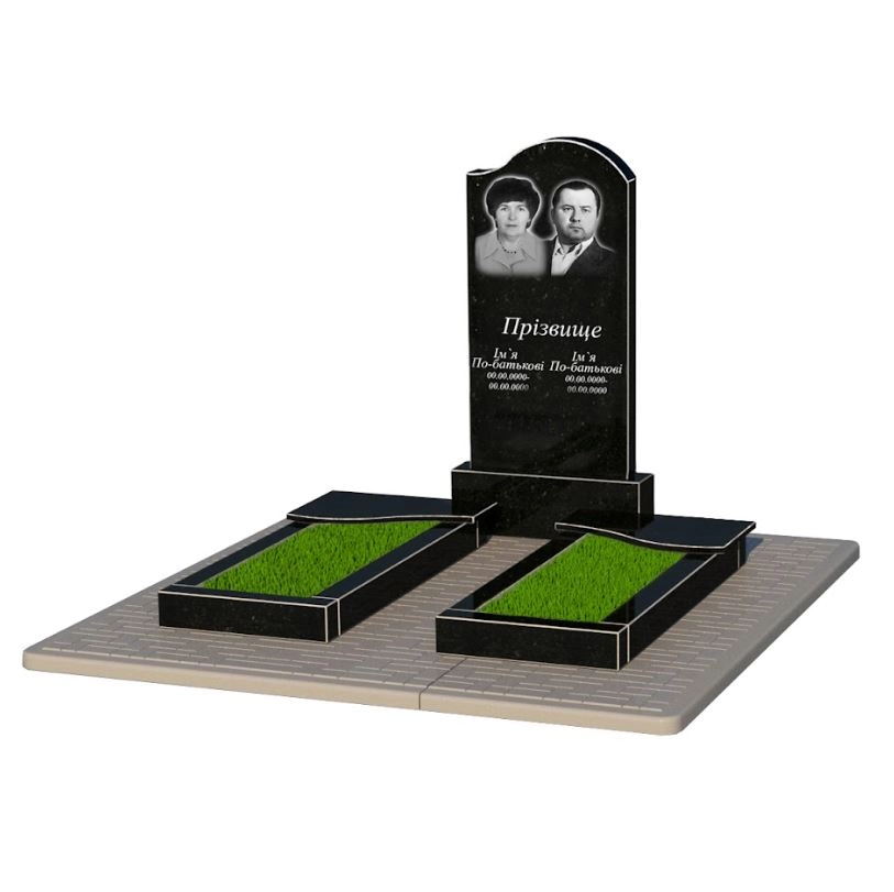 Основне Гранітний пам'ятник сімейні подвійний із чорного граніту Коростишів з хвилею різьблений к15-kor-npf-100-50-08-011-r-pbd2