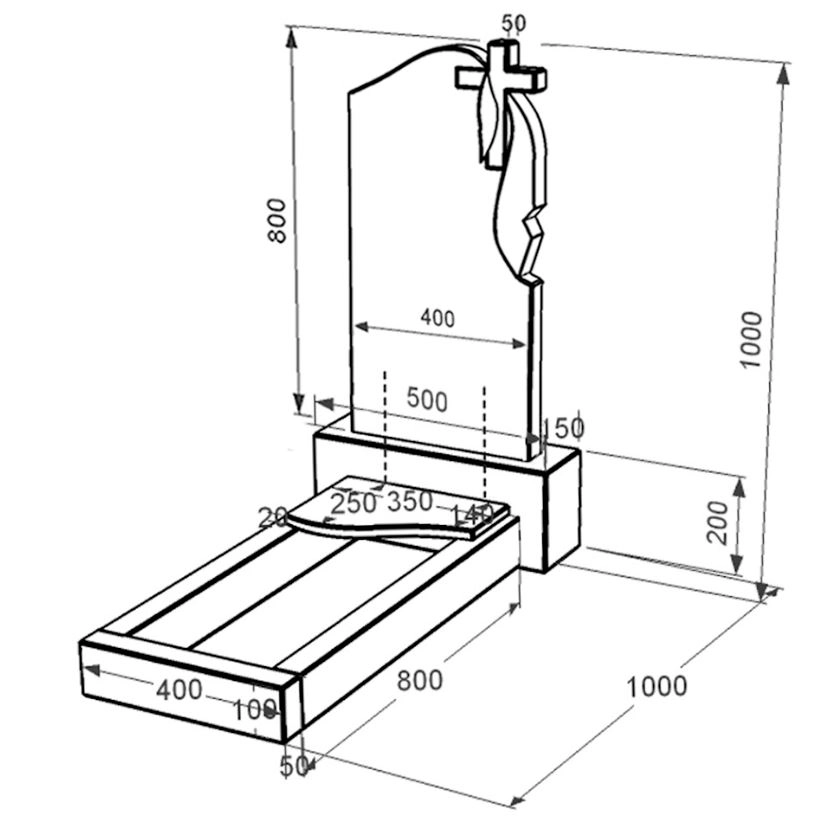 Розміри Гранітний пам'ятник висотою 100 см одинарний із чорного граніту Коростишів з хвилею різьблений к4-kor-npf-80-40-05-142-r