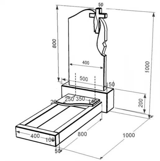Размеры Гранитный памятник высотой 100 см одинарный из черного гранита Коростышев с волной резной к4-kor-npf-80-40-05-142-r