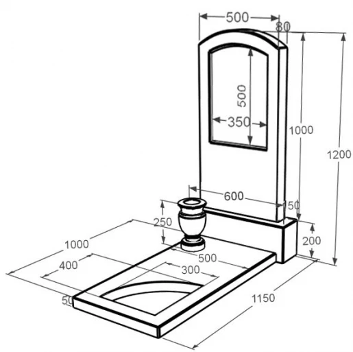 Розміри Мармуровий пам'ятник з надгробною плитою одинарний з білого мармуру Волокас з вирізаним куточком к9-vol-pf-100-50-08-009