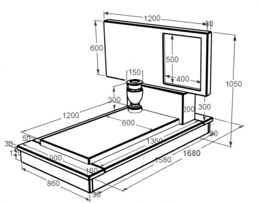 Размеры Мраморный памятник высотой 90 см одинарный из мрамора Дайна без резных работ к7-dan-pf-60-120-08-001-ck