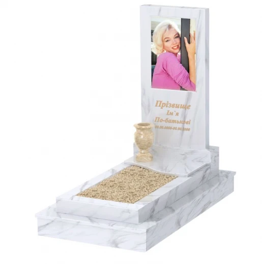 Мармуровий надгробок з квітником одинарний з білого мармуру Волокас з хвилею різьблений к5-vol-pf-100-50-08-001-ck