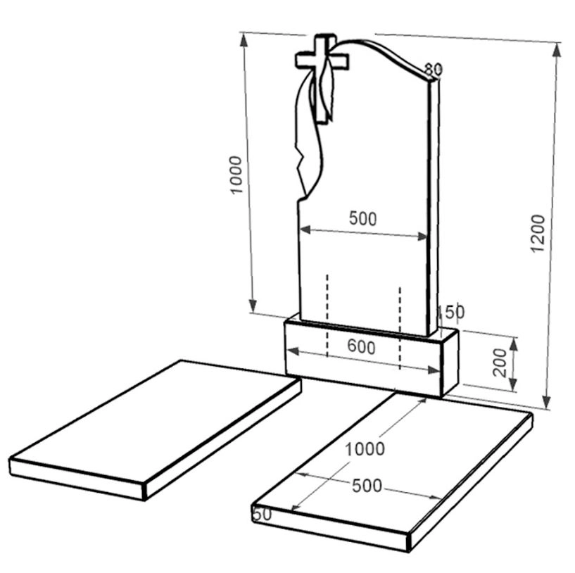 Розміри Гранітний пам'ятник з хрестом різьблений подвійний із чорного граніту Коростишів з плащаницею різьблений к17-kor-npf-100-50-08-142