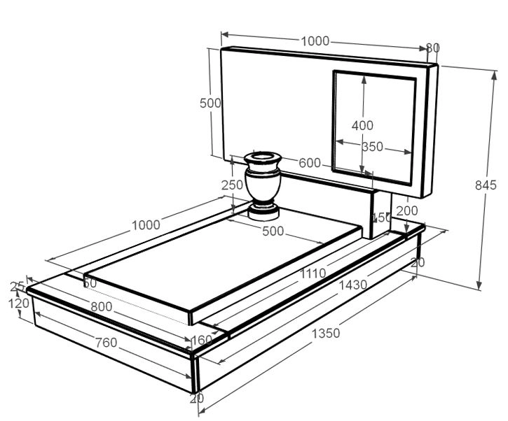 Розміри Пам'ятник із мармуру з цоколем одинарний з білого мармуру Волокас без різьблених робіт к7-vol-pf-50-100-08-001-ck