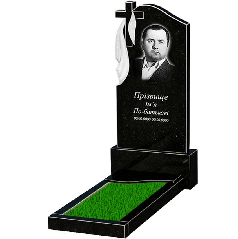 Основне Надгробок із граніту елітний одинарний із чорного граніту Коростишів з хвилею різьблений к4-kor-npf-120-60-08-142