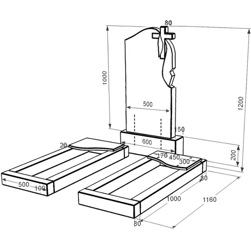 Размеры Гранитный памятник высотой 120 см двойной из черного гранита Коростышев с волной резной к16-kor-npf-100-50-08-142-r