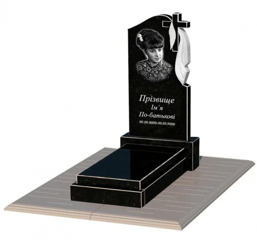 Гранітний пам'ятник дівчинам одинарний із чорного граніту Коростишів з хрестом та плащаницею різьблений к12-kor-npf-80-40-05-142-r-pbd1