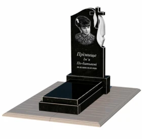 Гранітний пам'ятник дівчинам одинарний із чорного граніту Коростишів з хрестом та плащаницею різьблений к12-kor-npf-80-40-05-142-r-pbd1