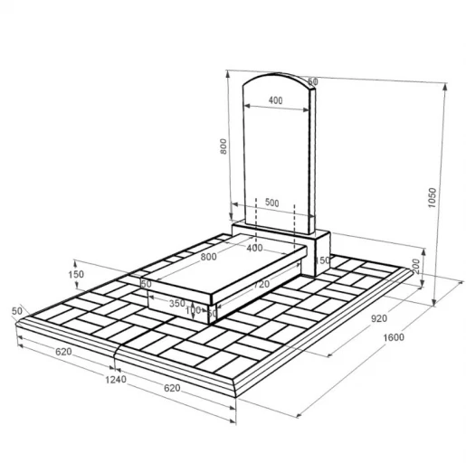 Размеры Гранитный памятник с полным полированием сторон одинарный из черного гранита Коростышев с дугой резной к10-kor-pf-80-40-05-009-pbd1