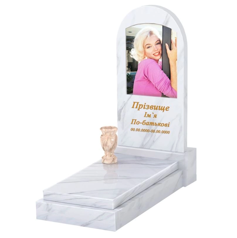 Основне Мармуровий пам'ятник 100 см висотою одинарний з білого мармуру Волокас з полукруглою стелою к12-vol-pf-80-40-05-006